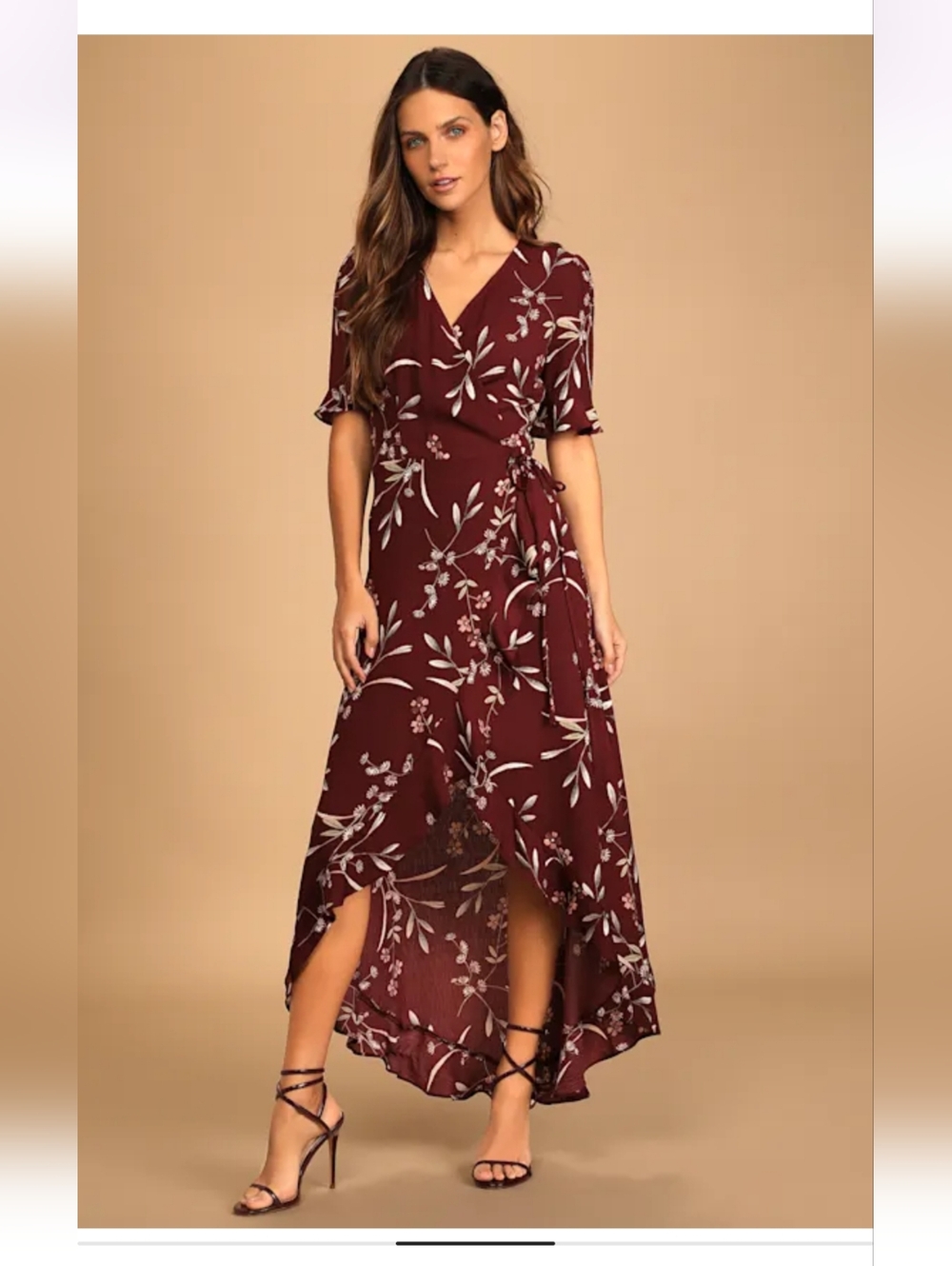 Lulu's Wild Winds Burgundy Floral Print High-Low Wrap  Dress - Picture 3 of 11